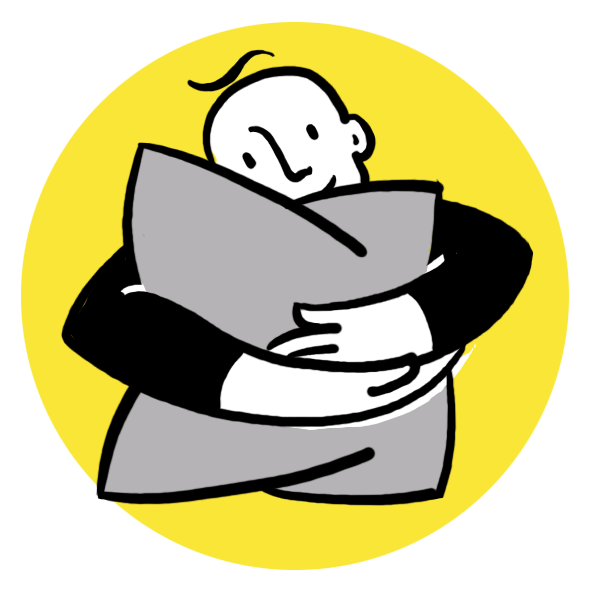 getekend icoon in grijs/zwart met geel accent verbeeldend het snoezelen voor jongeren en ouderen, een manier om ze rust te geven en welzijn te verhogen