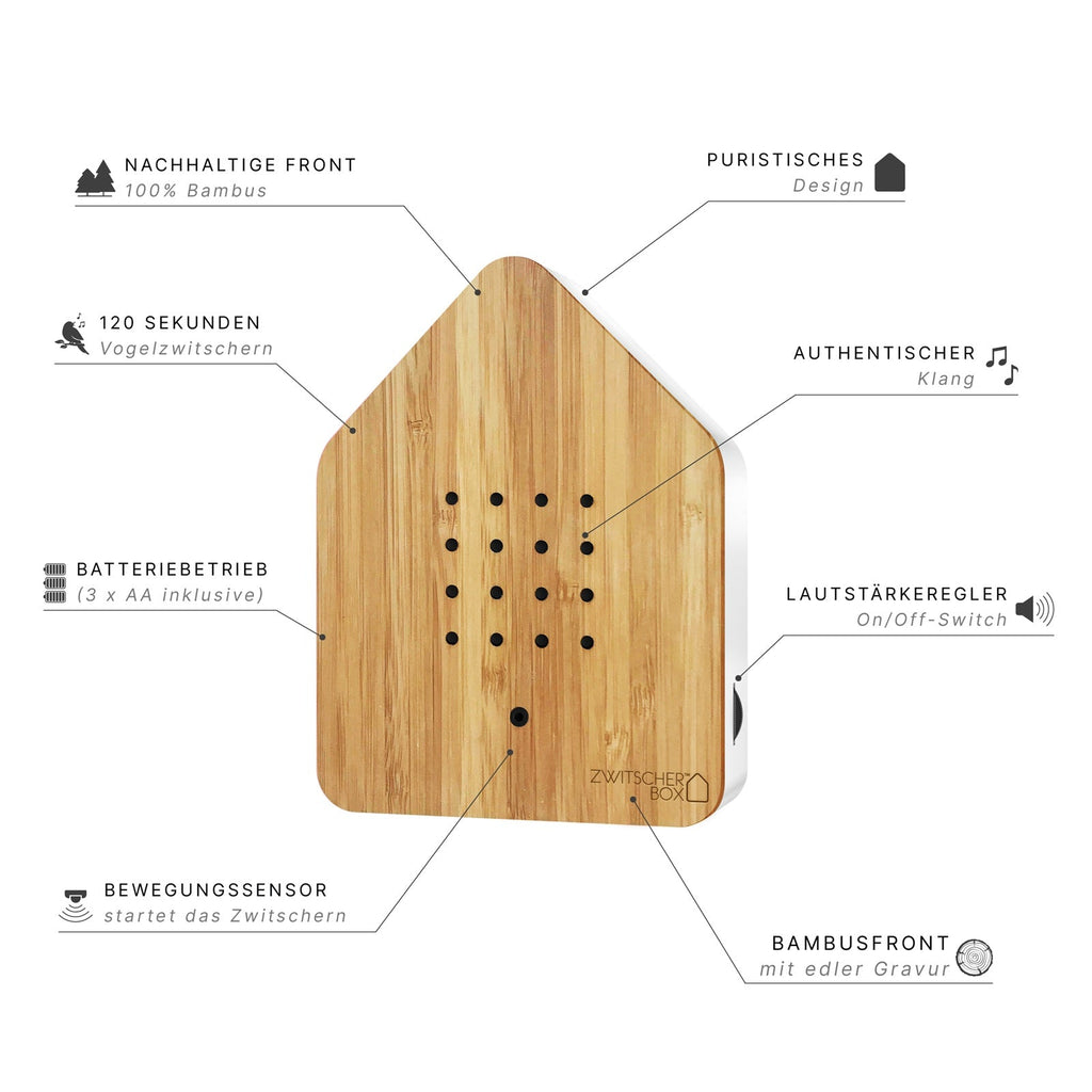 Zwitscherbox Bamboe – Vogelgeluiden met bewegingssensor, bevordert activering en sensorische stimulatie voor ouderen.