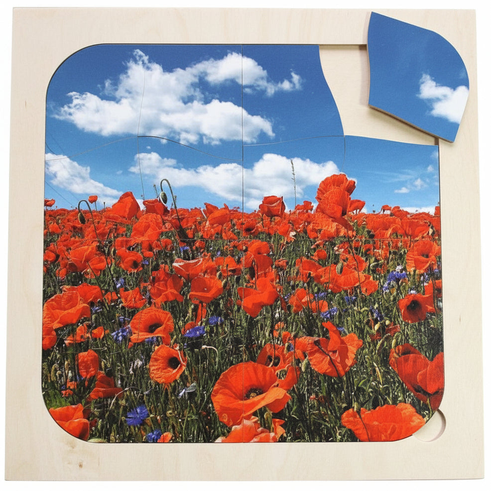 Puzzle Klatschmohn – 16-teiliges Holzpuzzle mit Klatschmohnmotiv, geeignet zur Gedächtnisanregung bei Senioren